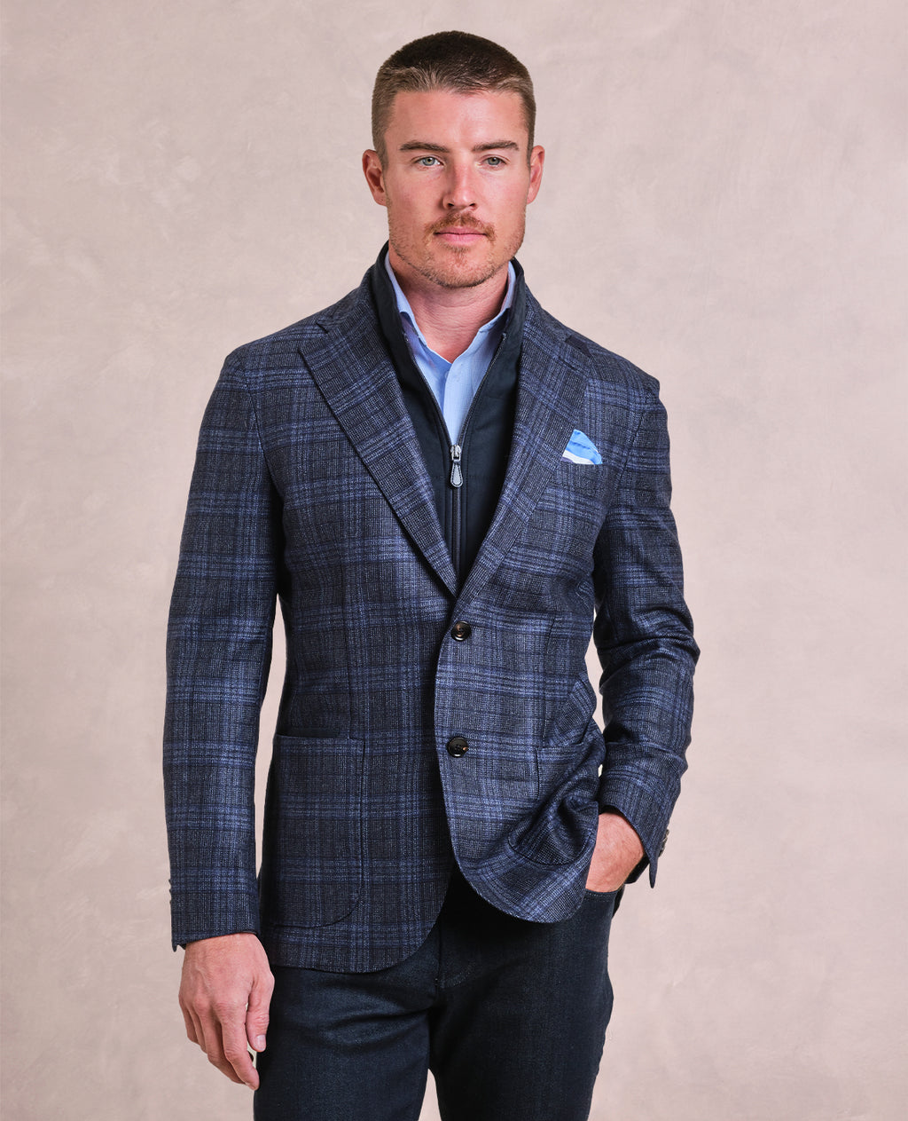 The Luigi - Wool Check Travel Jacket W/Suede Zip Out Warmer - Navy Heather